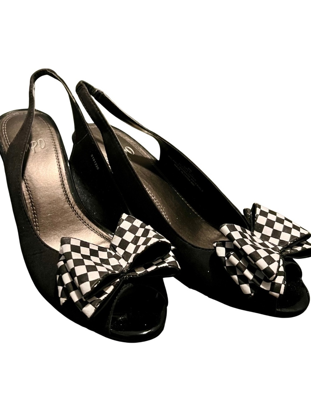 Impo Viola II Black Wedge Slingback Sandals w/ Checker Bow Size 9